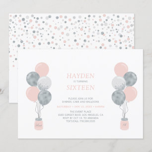 Silver & Pink Balloon Sweet Sixteen Birthday Party Invitation