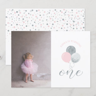 Silver & Pink Balloons   Girl 1st Birthday Party Invitation