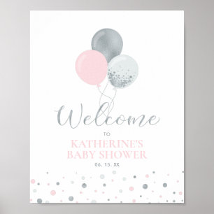 Silver & Pink Balloons Girl Baby Shower Welcome Poster