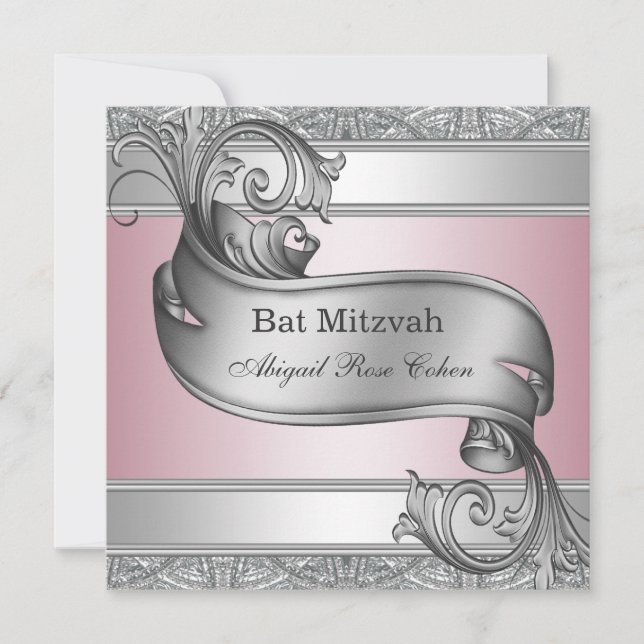 Silver Pink Bat Mitzvah Invitation (Front)