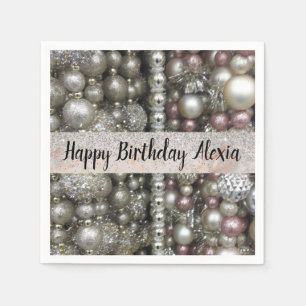 Silver Pink  Beads Glitter Birthday Personalised   Napkin