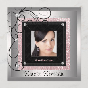 Silver Pink Black Damask Photo Sweet 16 Party Invitation