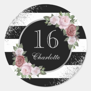 Silver Pink Black Floral Sweet 16 Birthday Classic Round Sticker