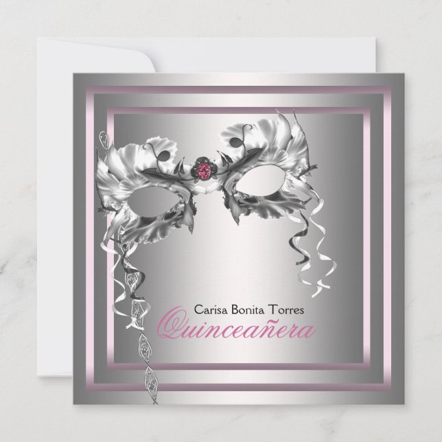 Silver Pink Black Masquerade Party Invitation (Front)