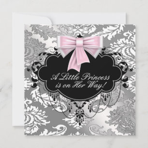 Silver Pink Black Princess Baby Girl Shower Invitation