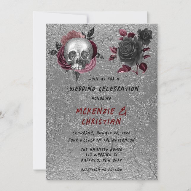 Silver Pink Black Skull Head Halloween Wedding Invitation (Front)