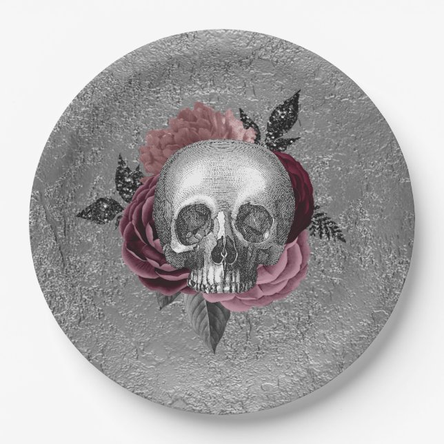 Silver Pink Black Skull Head Wedding Paper Plate (Front)