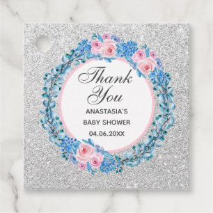 Silver Pink Blue Floral Rose Thank You Baby Shower Favour Tags
