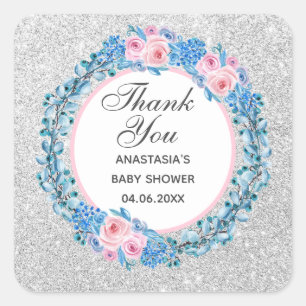 Silver Pink Blue Floral Rose Thank You Baby Shower Square Sticker