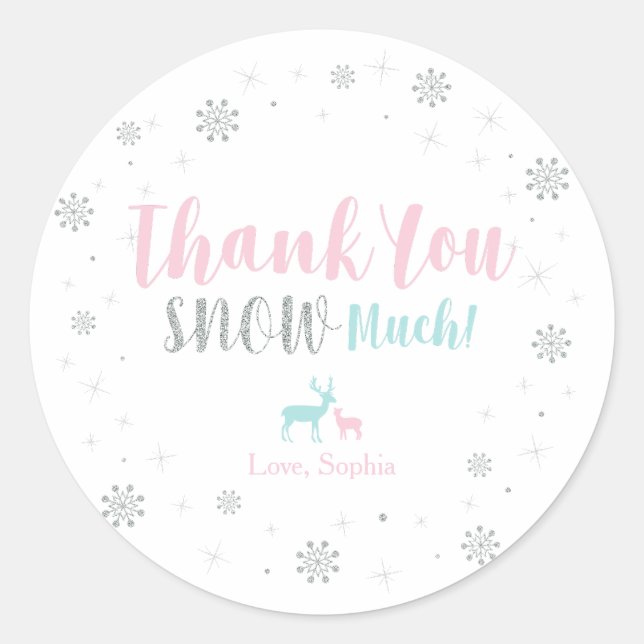 Silver, Pink & Blue Winter wonderland Thank you Classic Round Sticker (Front)