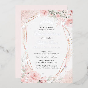 Silver Pink Blush Butterfly Floral Quinceanera