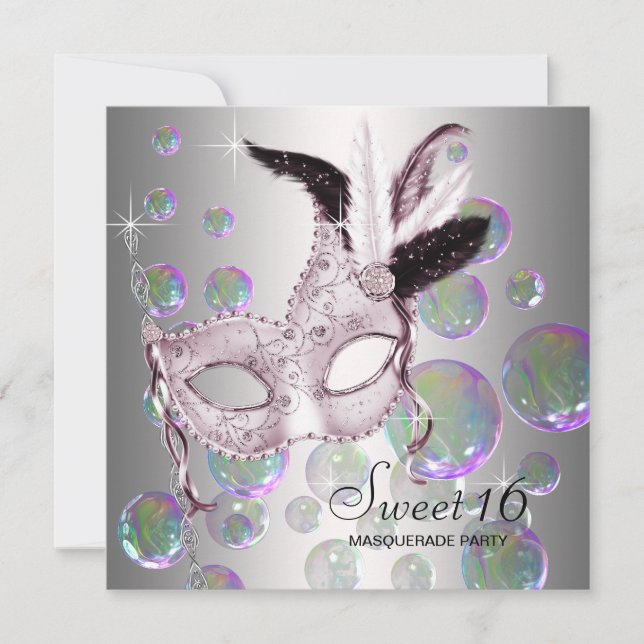 Silver Pink Bubbles Sweet Sixteen Masquerade Party Invitation (Front)
