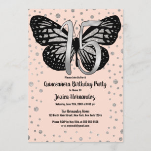 Silver Pink Butterfly Glitter Confetti Quinceañera Invitation