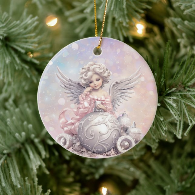 Silver Pink Christmas Angel Girl Ceramic Ornament (Tree)