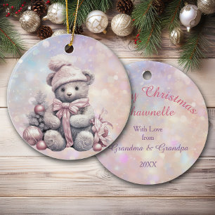 Silver Pink Christmas Teddy Bear Granddaughter Ceramic Ornament