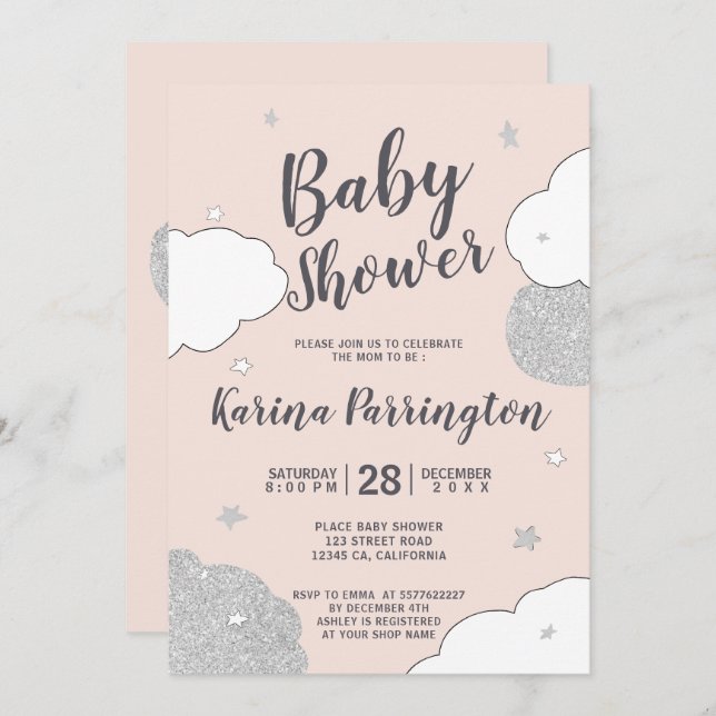Silver pink clouds stars girl baby shower invitation (Front/Back)