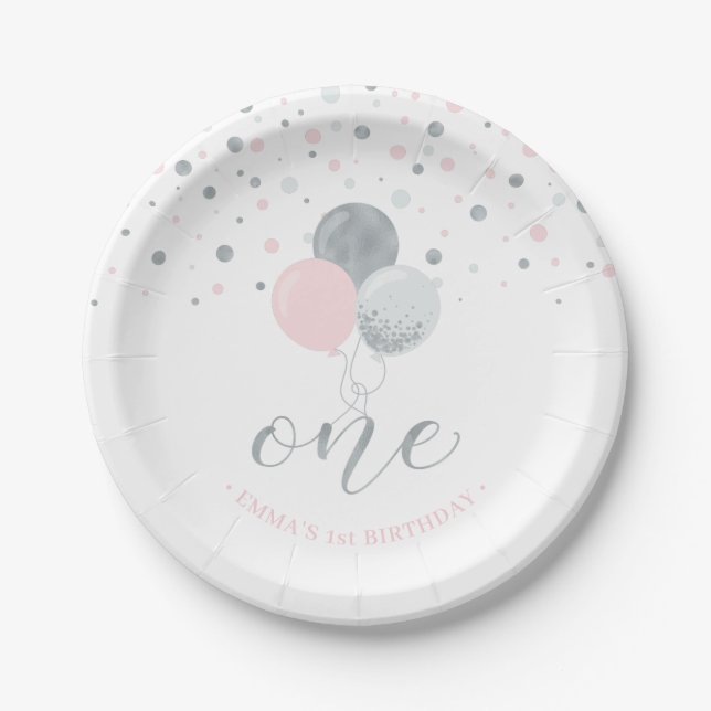 Silver & Pink Confetti Balloons 1st Birthday Party Paper Plate (Front)