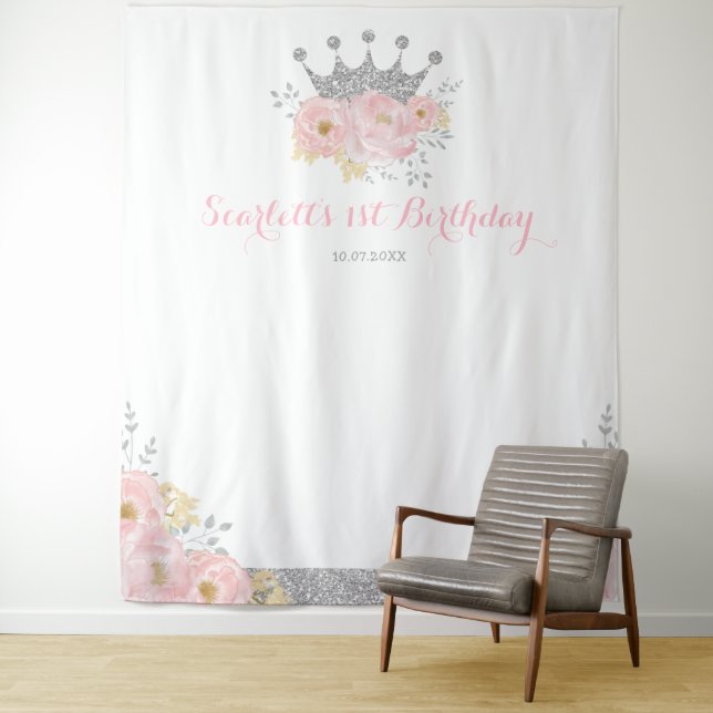 Silver Pink Crown Princess Birthday Photo Booth Tapestry (In Situ)