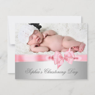 Silver Pink Damask Bow Girl Photo Christening Invitation