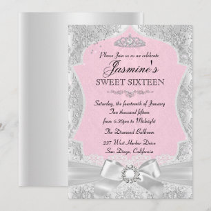 Silver Pink Damask Bow Sweet 16 Invitation