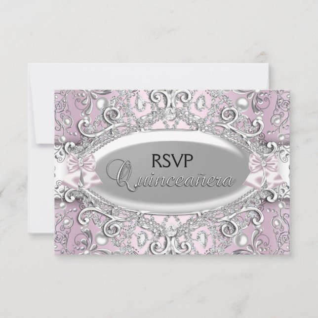 Silver & Pink Damask Pearl Quinceanera RSVP Invitation (Front)