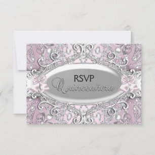 Silver & Pink Damask Pearl Quinceanera RSVP Invitation
