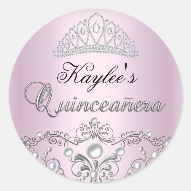 Silver & Pink Damask Pearl Quinceanera Sticker (Front)