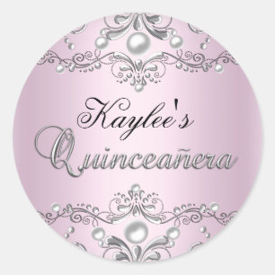 Silver & Pink Damask Pearl Quinceanera Sticker