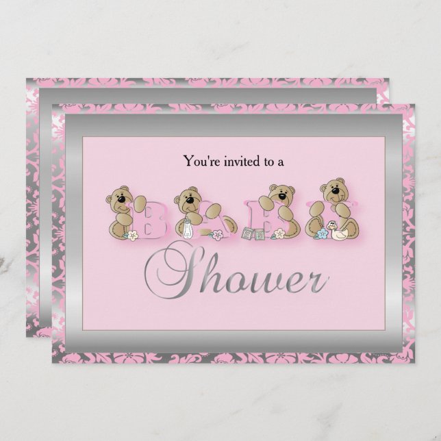 Silver & Pink Damask Teddy Bears | Baby Shower Invitation (Front/Back)