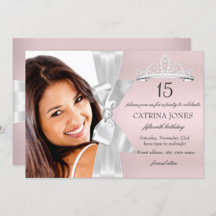 Silver Pink Diamond Bow Tiara Quinceanera Invite