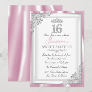 Silver Pink Diamond Damask & Tiara Sweet 16 Invite