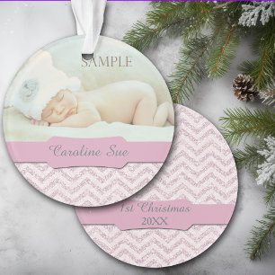 Silver Pink Faux Glitter Baby 1st Christmas Photo Ornament