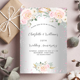 Silver pink floral 25th wedding anniversary luxury invitation