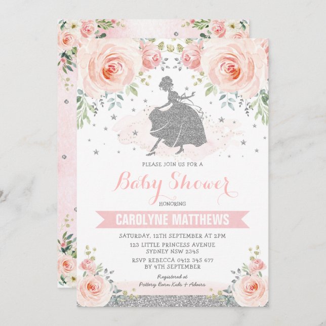 Silver Pink Floral Cinderella Princess Baby Shower Invitation (Front/Back)