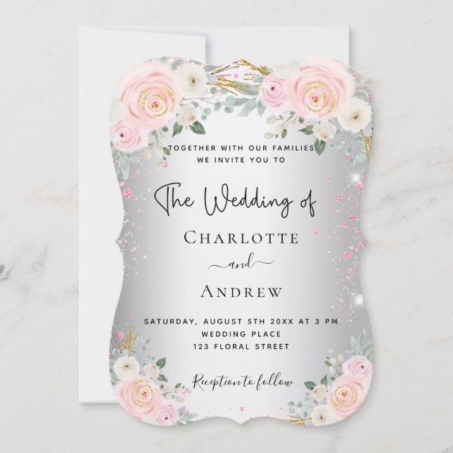 Silver pink floral elegant luxurious wedding invitation (Front)