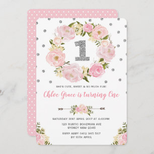 Silver Pink Floral First 1st Birthday Party Invite