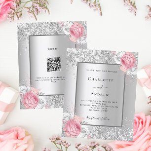 Silver pink floral QR code RSVP wedding invitation