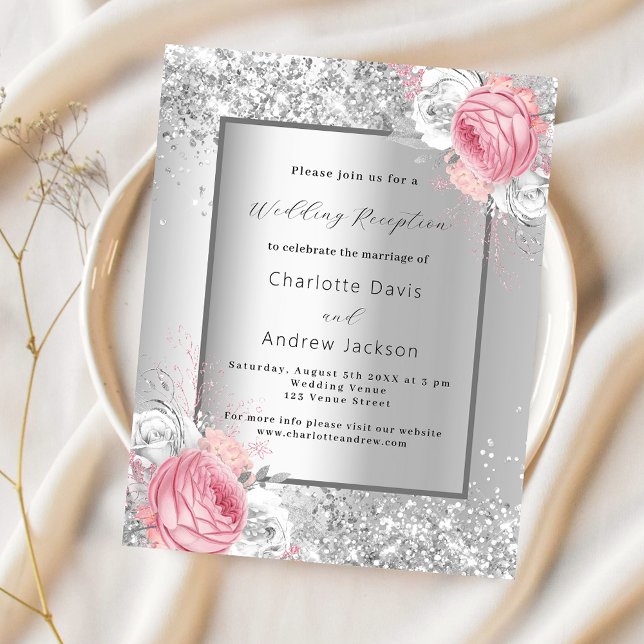 Silver pink floral wedding reception invitation (Creator Uploaded)
