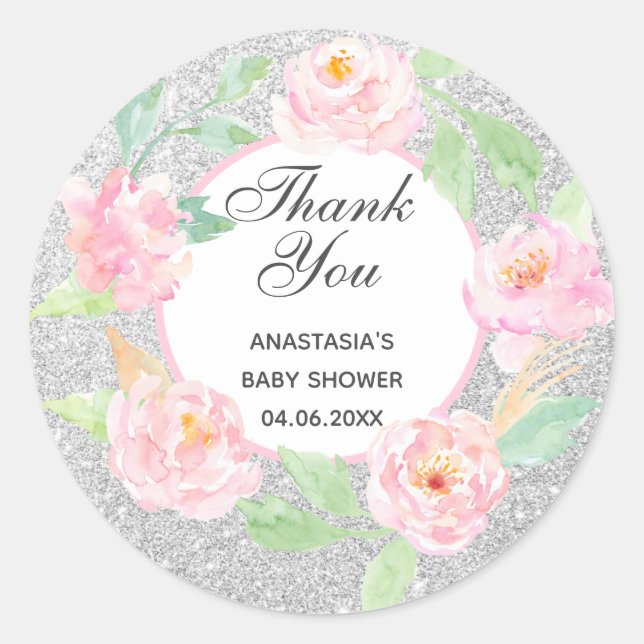 Silver & Pink Floral Wreath Thank You Baby Shower Classic Round Sticker (Front)