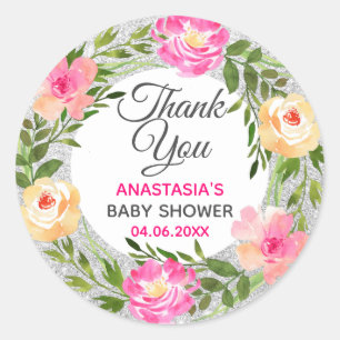 Silver & Pink Floral Wreath Thank You Baby Shower Classic Round Sticker