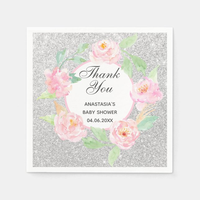 Silver & Pink Floral Wreath Thank You Baby Shower Napkin (Front)