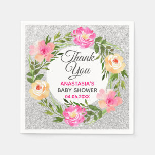 Silver & Pink Floral Wreath Thank You Baby Shower Napkin