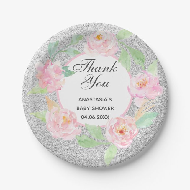 Silver & Pink Floral Wreath Thank You Baby Shower Paper Plate (Front)