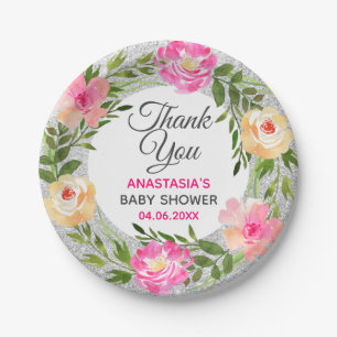Silver & Pink Floral Wreath Thank You Baby Shower Paper Plate