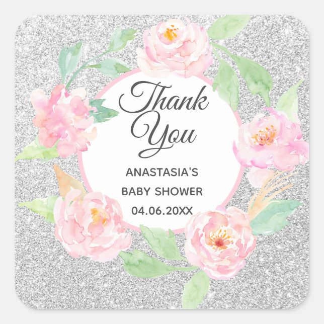 Silver & Pink Floral Wreath Thank You Baby Shower Square Sticker (Front)