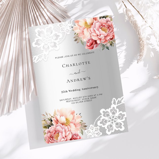 Silver pink florals 25th wedding anniversary invitation (Creator Uploaded)