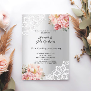 Silver pink florals 25th wedding anniversary invitation