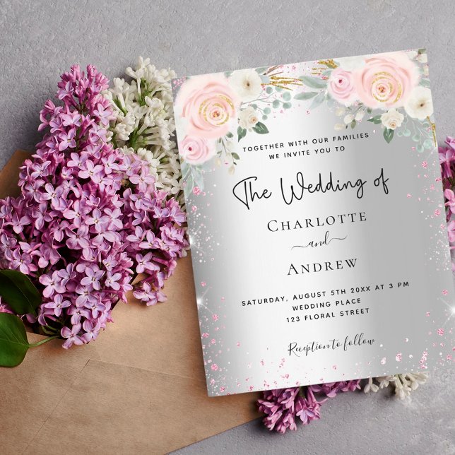 Silver pink florals budget wedding invitation (Creator Uploaded)