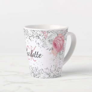 Silver pink florals elegant monogram name latte mug