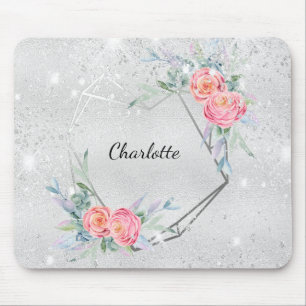 Silver pink florals glitter dust name mouse pad